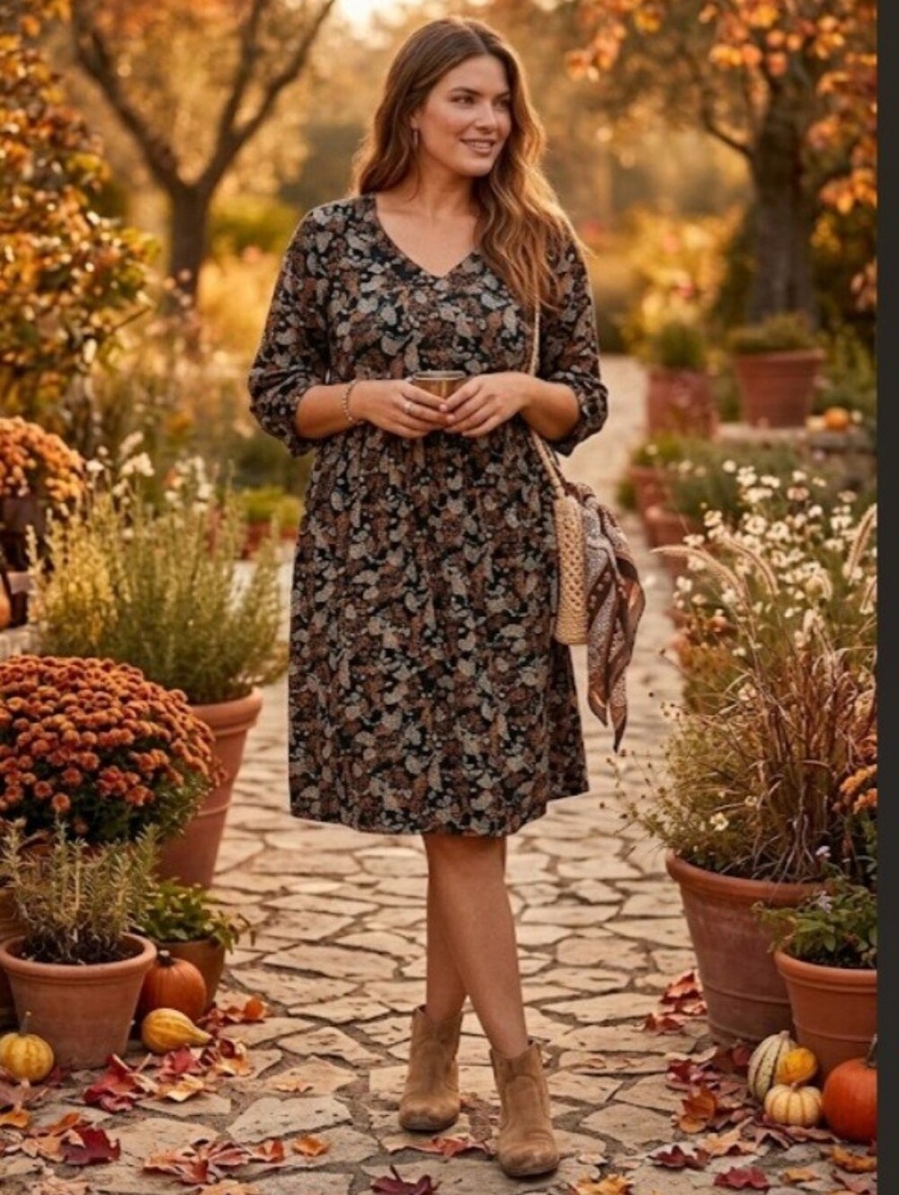 Garnet Hill Black and Tan Floral Long Sleeve Dress, 14, Preowned